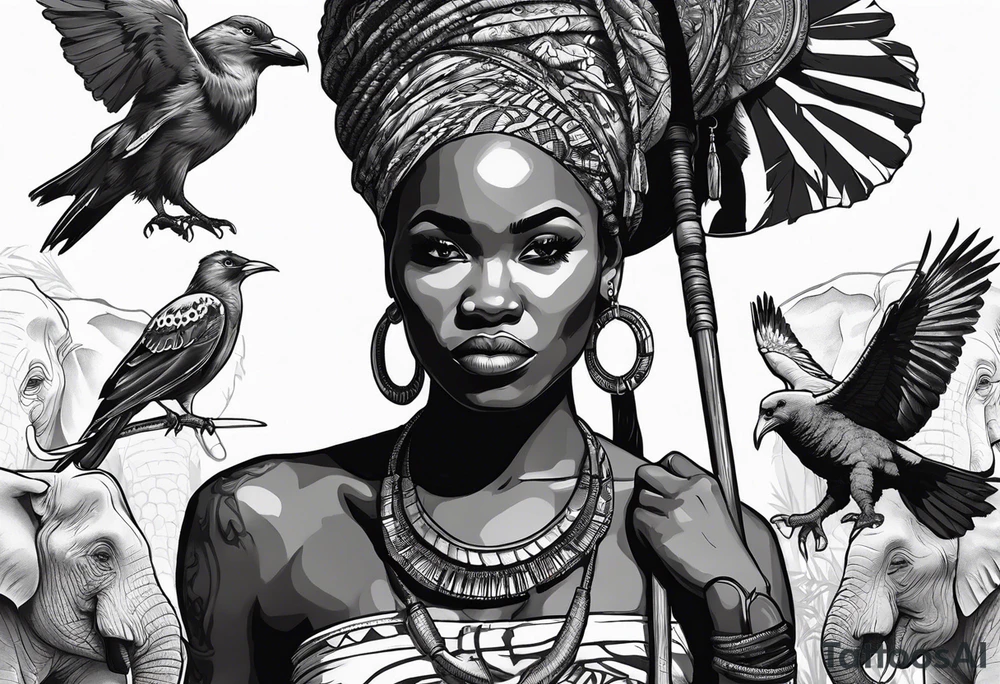 African woman warrior holding a spear with a mean look on her face with birds in the background and elephants tattoo idea