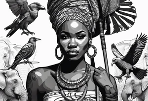 African woman warrior holding a spear with a mean look on her face with birds in the background and elephants tattoo idea