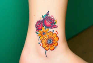 a colorful, vibrant, watercolor tattoo with one red rose, one orange lily, one gold marigold, and one orange cosmos flower and with splashes of color tattoo idea