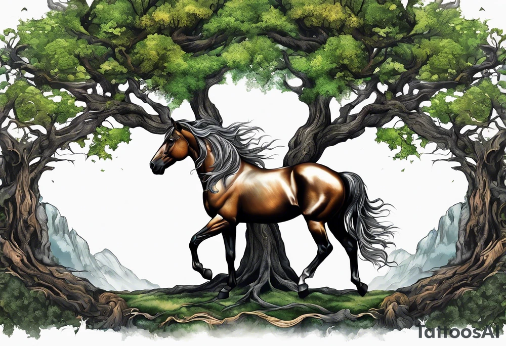 Realistic Horse and Yggdrasil tree tattoo idea