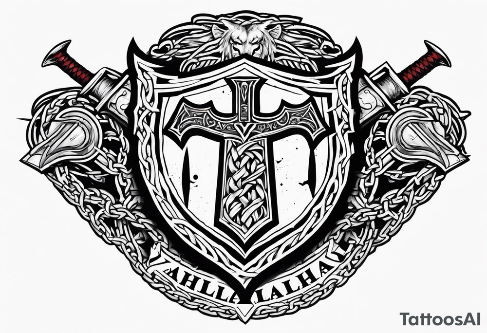 Valhalla round shield axe barbed wire chains tattoo idea