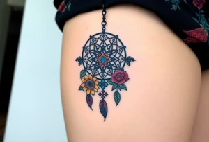 Dreamcatcher with zodiac symbols and protection runes caught in it with tigerlillies roses and sunflowers tattoo idea