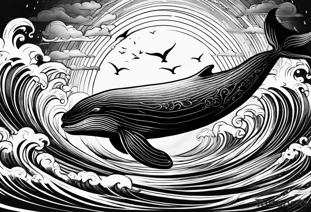 Whale ascending towards light, surrounded by swirling water tattoo idea