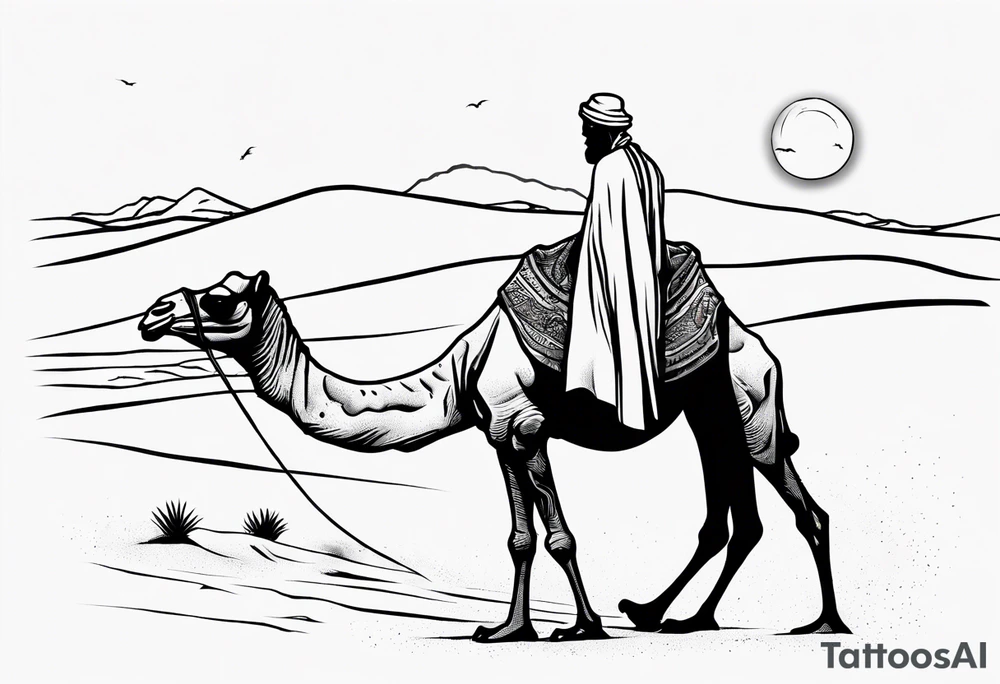 Design a tattoo showcasing, from far away a vast desert landscape with low, undulating sand dunes. Feature a man walking alongside his camel, both resilient against the harsh environment, the man covering his face with a long cloth for protection. tattoo idea