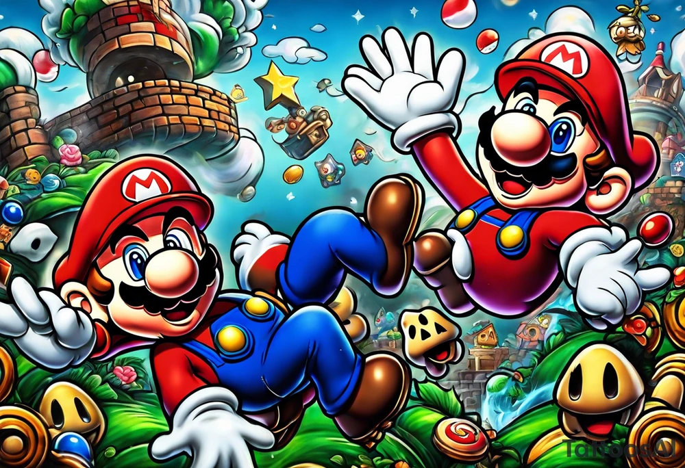 Mario brothers with ghosts and goombas with canons tattoo idea