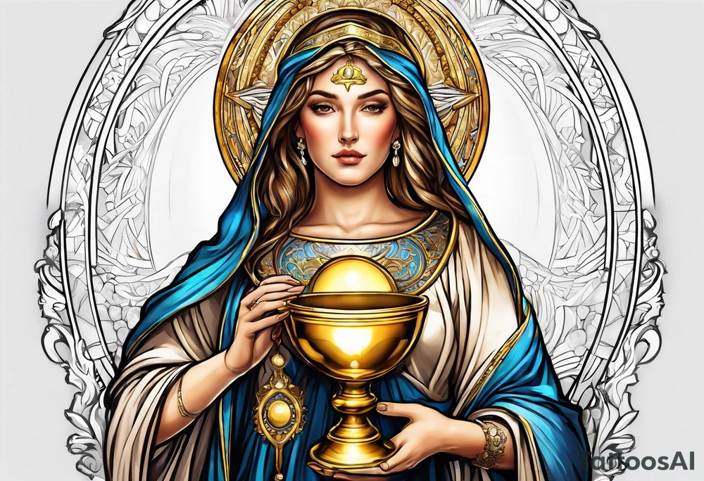 holy saint woman with golden halo holding a chalice tattoo idea