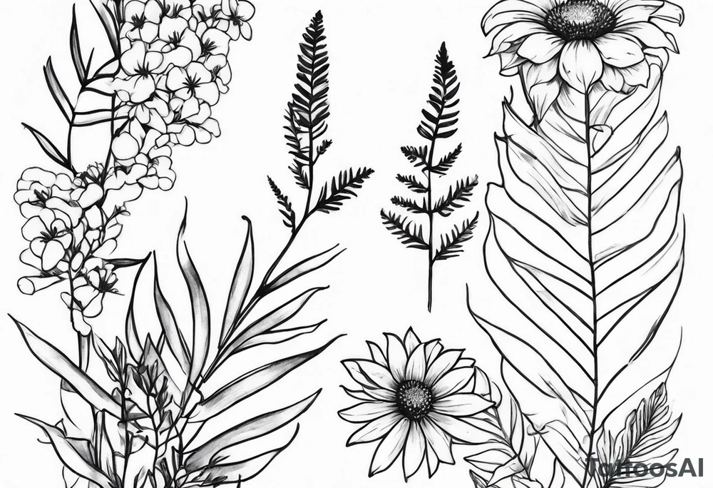 vertical mixed wildflower with ferns and with light color tattoo idea