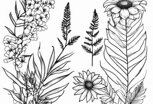 vertical mixed wildflower with ferns and with light color tattoo idea