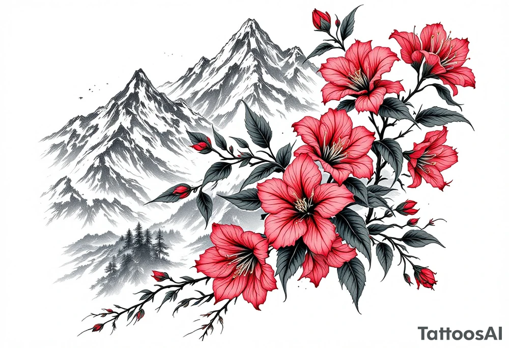 vertical wrist size red  and black rhododendron trippy with Himalayas behind tattoo idea