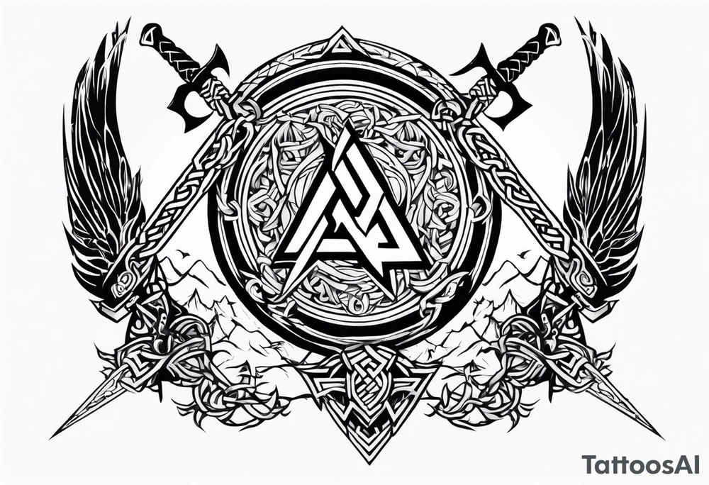 Valhalla sword shield dragon axe Valknut barbed wire chains tribal tattoo idea Valhalla sword shield dragon axe Valknut barbed wire chains tribal tattoo idea