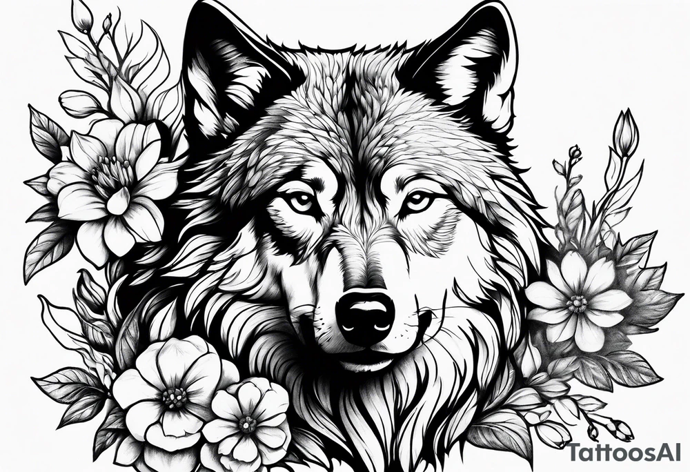 Wolf with flowers tattoo idea