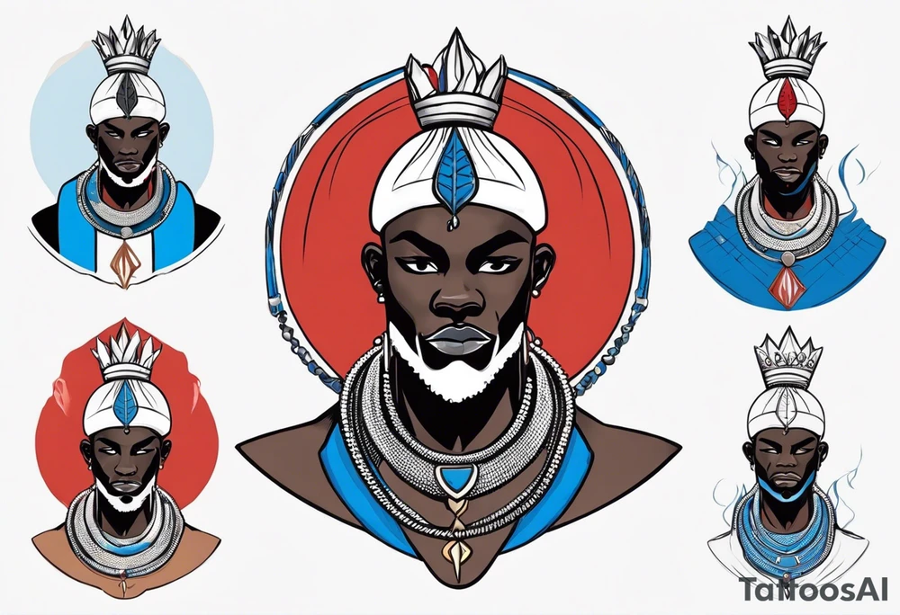 Black-skinned bald african warrior. He wears a simple and small silver crown. He uses two simple necklaces: one blue, other red. He has cowry shells in his crown tattoo idea