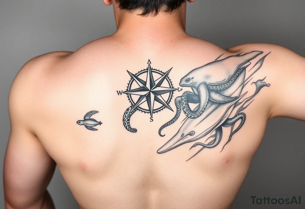 black and grey realistic full arm sleeve consisting of Compass Rose on the inner forearm as a focal point with loggerhead Turtles Swimming along the forearm, an Octopus Wrapping its tentacles around the arm,  a large whale gliding through the bicep area, and waves acting as the background to tie everything together. tattoo idea