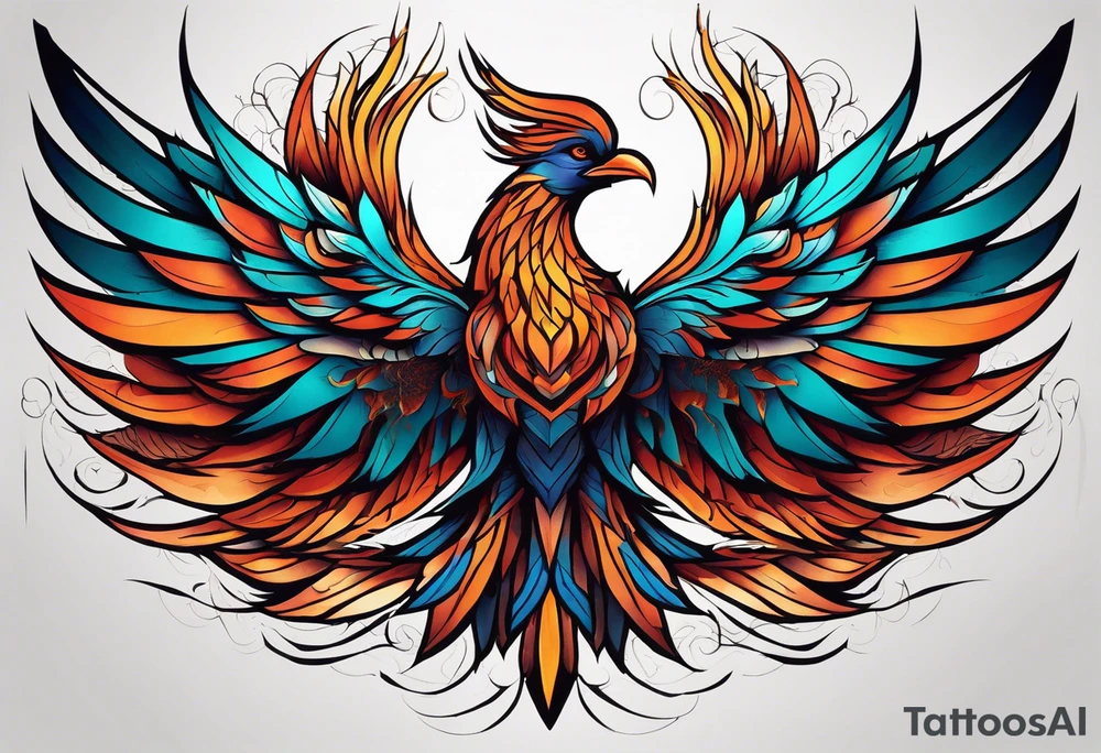 Geometric Tattoo: A powerful, majestic phoenix, depicted mid-flight or rising, with wings extended and feathers flowing. Deep shading and intricate details to bring out the texture and motion of the feathers. Style: Geometric. tattoo idea