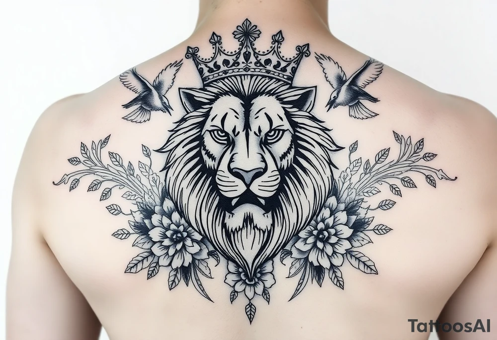 powerful majestic lion with a crown, surrounded by floral ornaments and birds tattoo idea