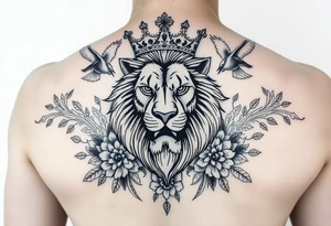 powerful majestic lion with a crown, surrounded by floral ornaments and birds tattoo idea