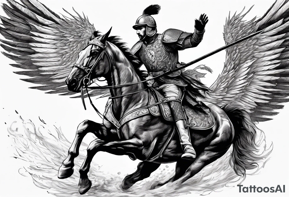 Polish Hussar Cavalry Soldier Rushing towards enemy, wings turned into dragon wings, charging with a spear that breaths fire tattoo idea