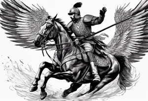 Polish Hussar Cavalry Soldier Rushing towards enemy, wings turned into dragon wings, charging with a spear that breaths fire tattoo idea