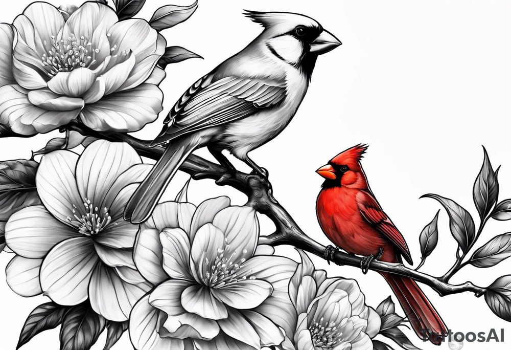 Half sleeve with flowers, cardinal, 2 birds, hiraeth, water tattoo idea