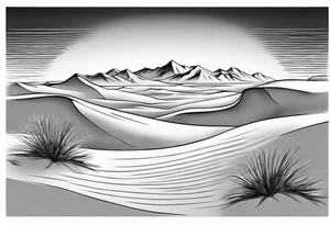 Design a tattoo depicting a distant view of a vast desert landscape with low, undulating sand dunes. tattoo idea