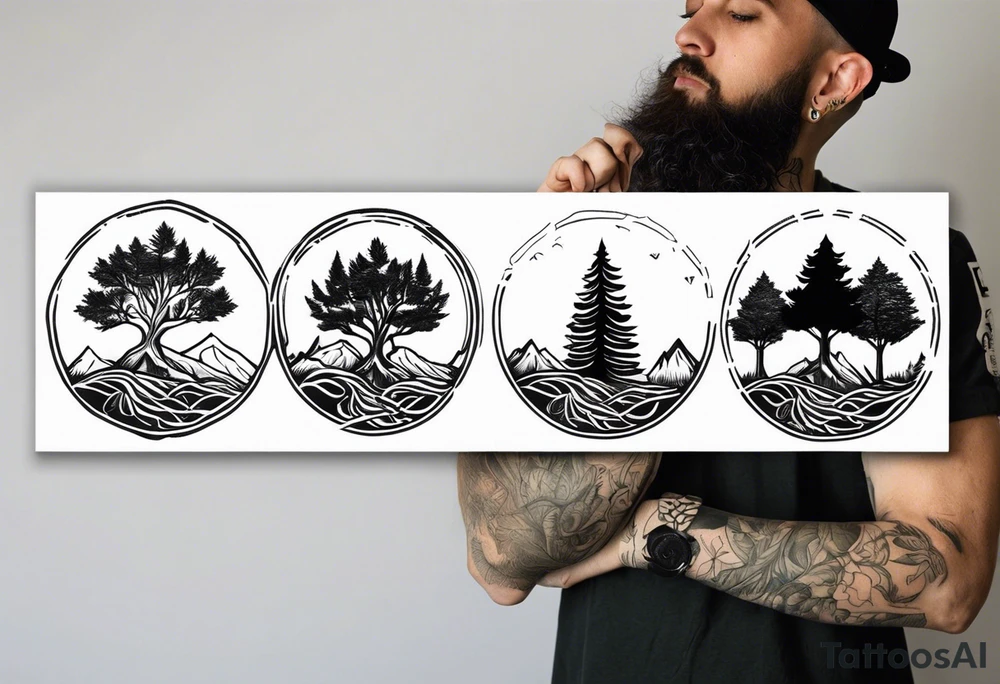 Three mountains three trees with roots tattoo idea