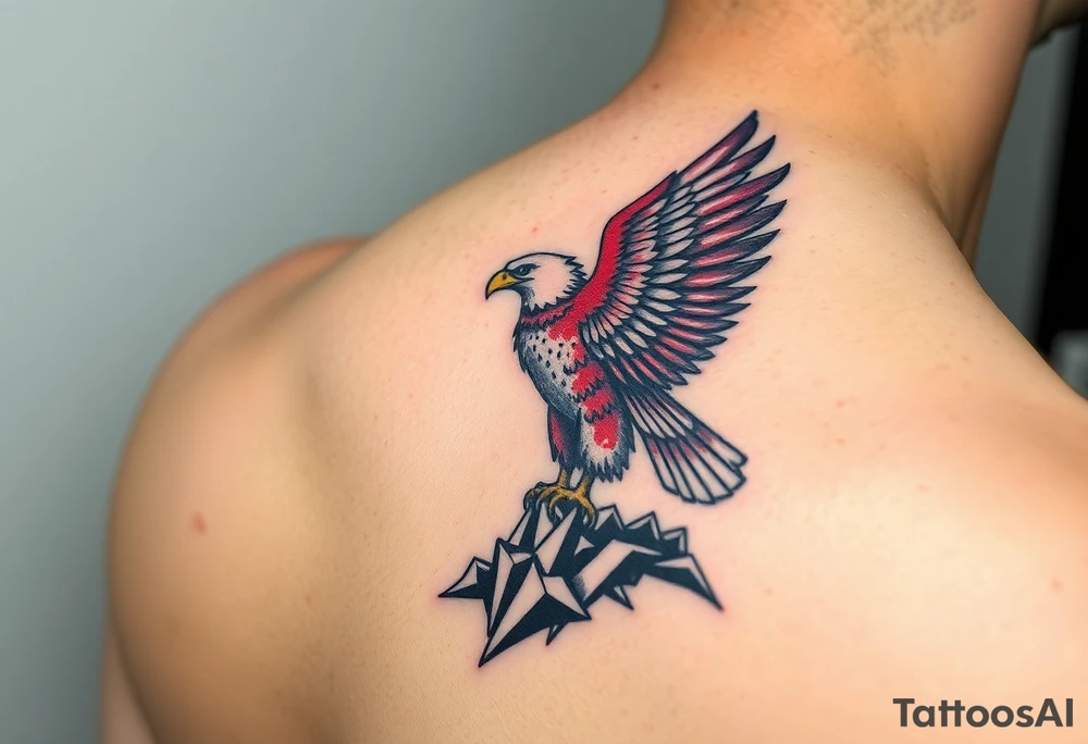 An eagle rising from a battlefield, covered in war paint of red, black, and white, embodying resilience and victory tattoo idea
