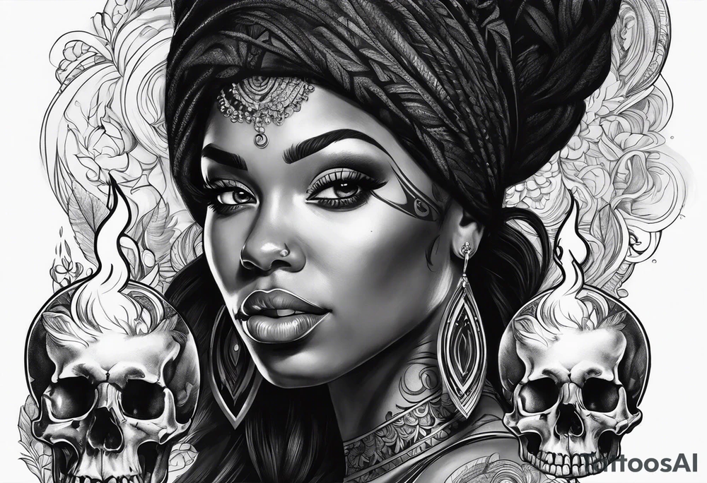 black women portrait with skull and burning candle tattoo tattoo idea