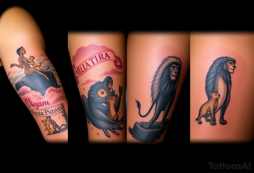 Sleeve tatoo; 
Top of the Shoulder (Crown Area):
* Mufasa in the clouds, majestic and wise, watching over everything below. Use soft shading and glowing edges to symbolize his spiritual presence.
Upper Arm (Bicep):
* Rafiki holding baby Simba up on Pride Rock. This can be the emotional centerpiece. Include sun rays breaking through clouds to give it a divine feel.
Mid Arm (Outer Bicep/Tricep):
* Scar lurking in the shadows with the three hyenas (Shenzi, Banzai, and Ed) around him, showing contrast between good and evil.
* Let the shading here be darker and more dramatic.
Inner Arm (Bicep):
* Timon and Pumbaa dancing or lounging, maybe with a small “Hakuna Matata” banner swirling above them. Their playfulness adds lightness and humor.
Forearm (Outer):
* Adult Simba and Nala side by side, looking into the distance, symbolizing growth, strength, and love.
* Behind them, a silhouette of the jungle or Pride Rock at sunset.
Forearm (Inner):
* Zazu flying mid-flight, trailing a scroll or message banner, maybe with a meaningful quote from the movie like: "Remember who you are."
Wrist/Wrap Around:
* Pawprints going around your wrist, fading out like Simba’s journey.
* Maybe a small Rafiki-drawn version of Simba’s symbol from the cave. tattoo idea