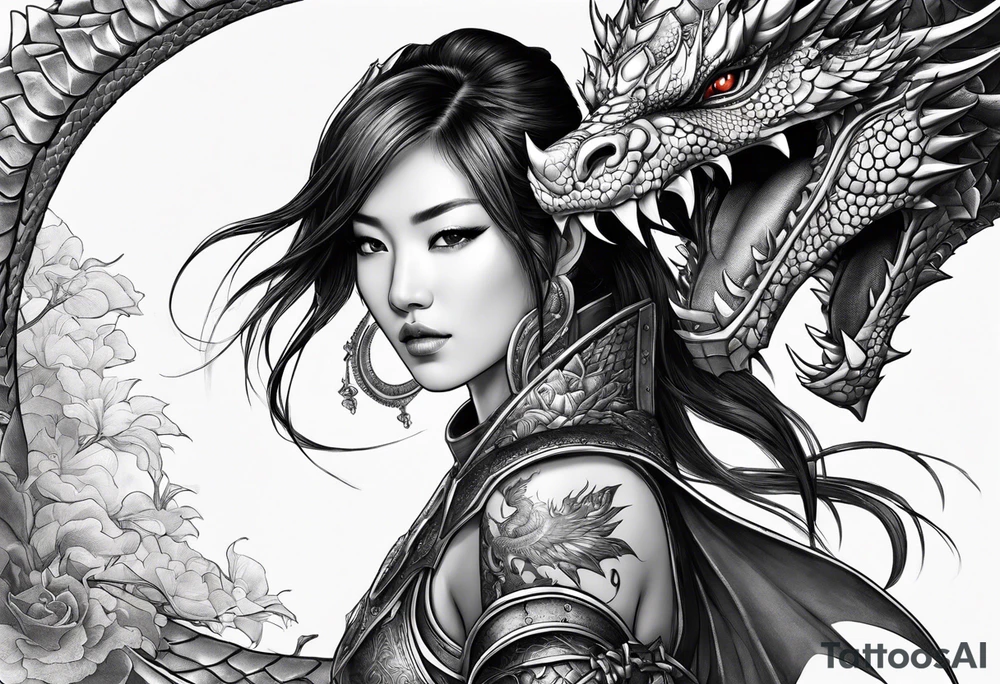 beautiful warrior woman wearing dragon armor and a dragon flying tattoo idea