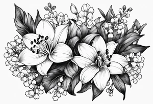 Lily of the valley, marigold, chrysanthemum, lily. All combined together with surrounding leaves and vines to tie them lol together nicely tattoo idea