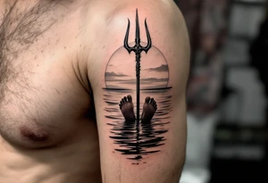 trident with bare feet half way under calm water at sunset tattoo idea