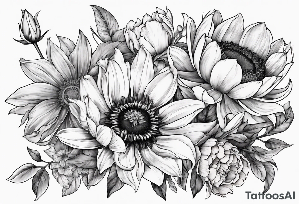 Bouquet with sunflower, lily, peony, cherry blossom and tulip tattoo idea