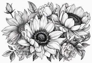 Bouquet with sunflower, lily, peony, cherry blossom and tulip tattoo idea
