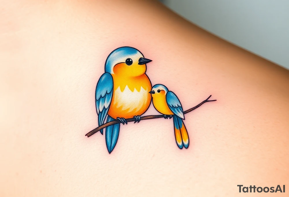 A mother and baby bird perched on a branch, with soft watercolor strokes in pastel blue and warm yellow, symbolizing love and guidance tattoo idea