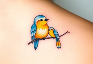 A mother and baby bird perched on a branch, with soft watercolor strokes in pastel blue and warm yellow, symbolizing love and guidance tattoo idea