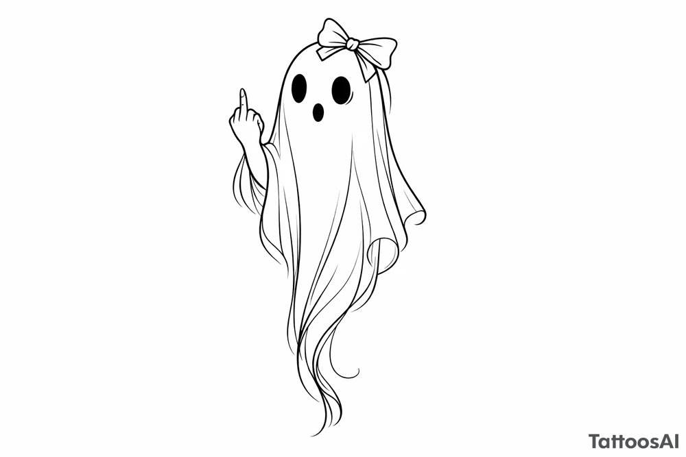 Tall girly ghost line work with middle finger up and bow on head tattoo idea