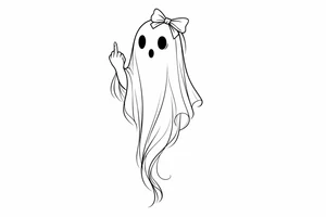 Tall girly ghost line work with middle finger up and bow on head tattoo idea