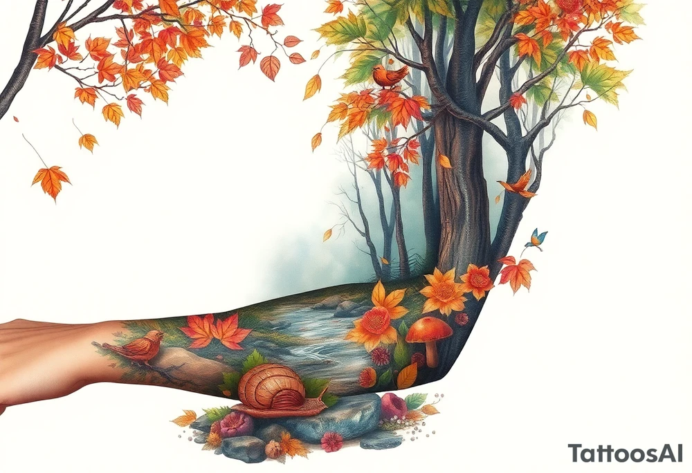 colorful fall themed womans sleeve forest, trees, falling leaves and rain, a small snail or two, birds, a creek, mushrooms and some fall themed flowers as filler tattoo idea