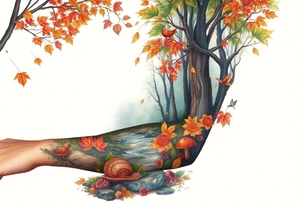 colorful fall themed womans sleeve forest, trees, falling leaves and rain, a small snail or two, birds, a creek, mushrooms and some fall themed flowers as filler tattoo idea
