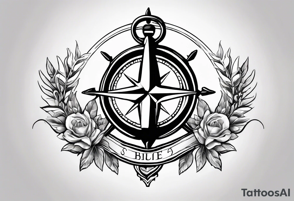 A selucid anchor tattoo with a compass and a olive branch wreathe tattoo idea