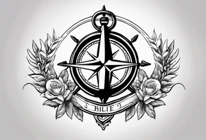 A selucid anchor tattoo with a compass and a olive branch wreathe tattoo idea