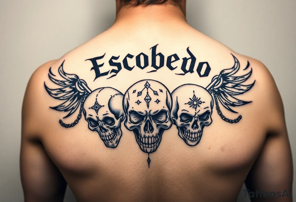 Upper back tattoo in stark emo-punk linework. ‘Escobedo’ carved bold and clean across the shoulders. Black flame arcs rise behind it like wings—sharp, negative space-driven. Between the flames, loose chains drape with motion. Three skulls: cracked on the left, snarling in the center, screaming on the right. Each skull etched with fine Aztec-inspired marks—sunbursts, dots, and sacred lines. No color. No shading. Just fire, bone, and steel inked in symmetry. tattoo idea