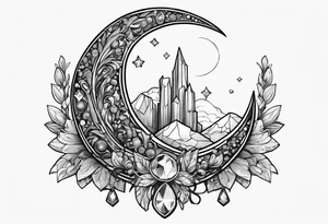 crystals in a bunch tied with ribbon, charms hanging from ribbon and surrounding the crystals
moon in the background tattoo idea