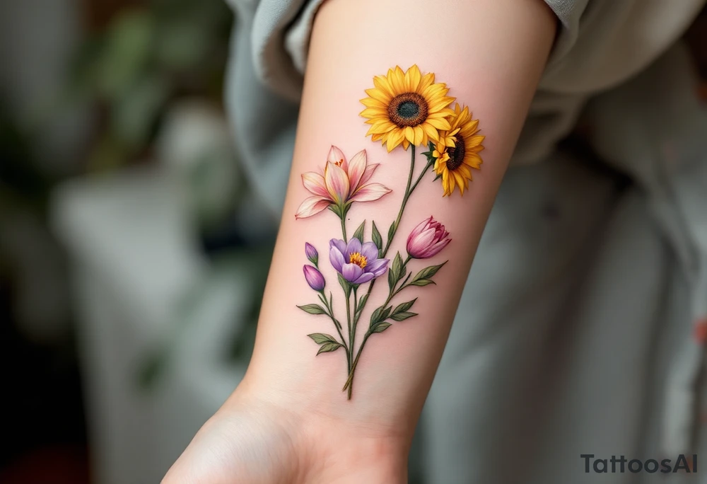Small yellow sunflowers and simple stargazer Lilly in pale pink and pale purple tulip buds in a dainty wildflower bouquet with light green stems. No outlines on the flowers. Include feminine stem lines. tattoo idea