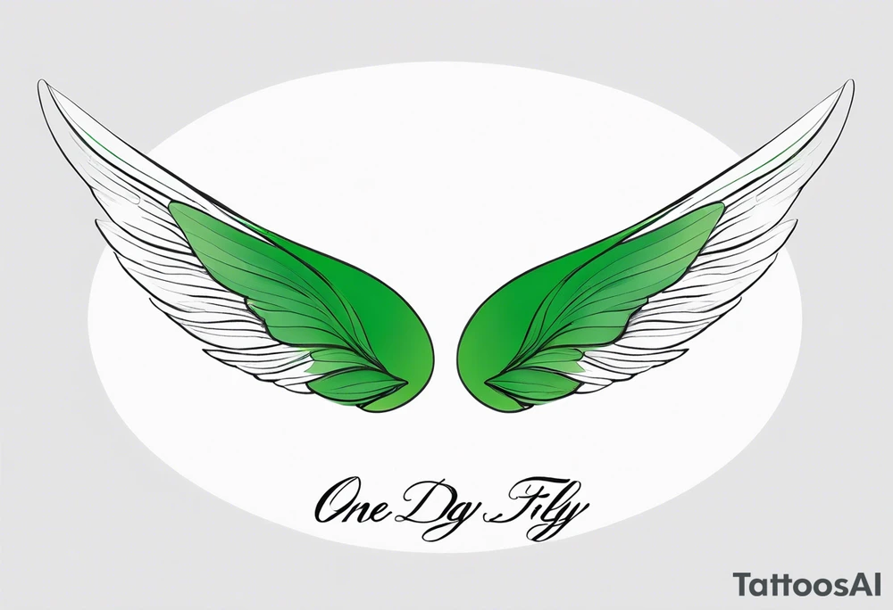 Green fairy wings with text “one day I’ll fly away” tattoo idea