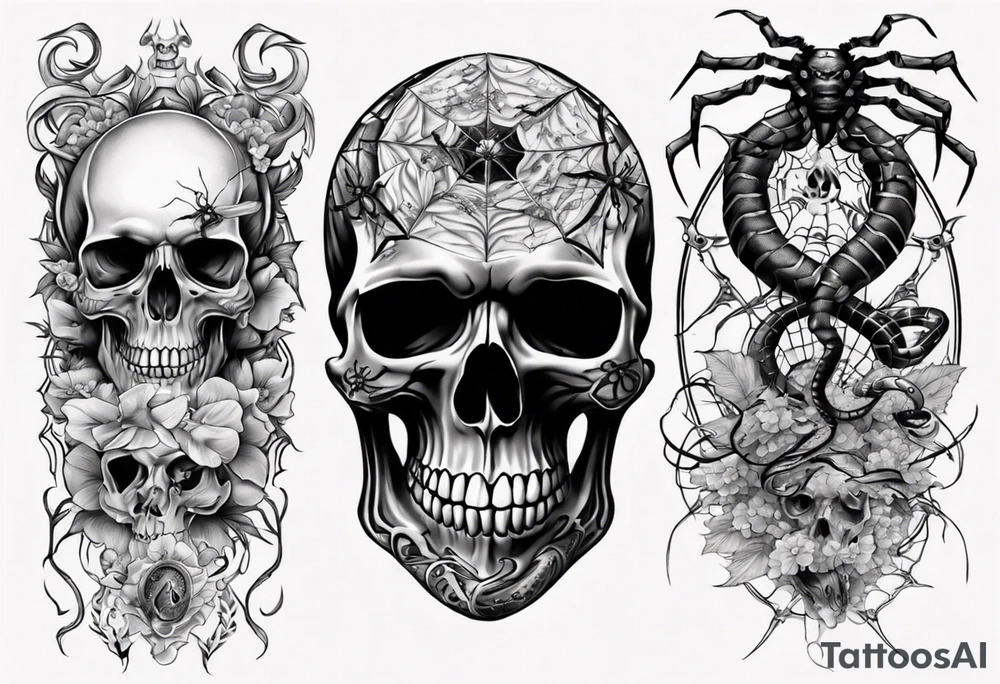 Black skull sleeve tattoo with spiders and snake tattoo idea Black skull sleeve tattoo with spiders and snake tattoo idea