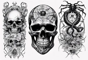Black skull sleeve tattoo with spiders and snake tattoo idea