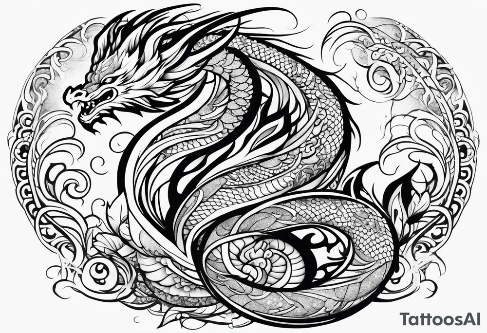 Māori dragon, koi, water shoulder tattoo idea