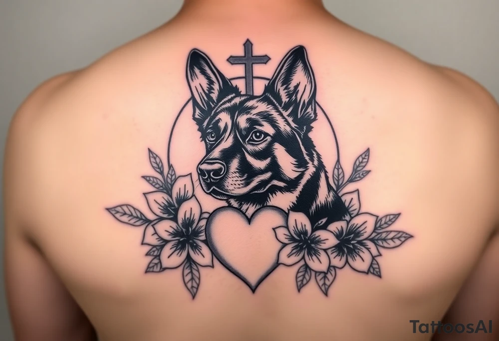 german shepherd floral lilies colourful in front of a sacred heart tattoo idea