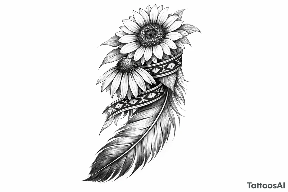 2 cascading sunflowers 1 coneflower wrapped in simple Native American ribbon on top of a feather tattoo idea
